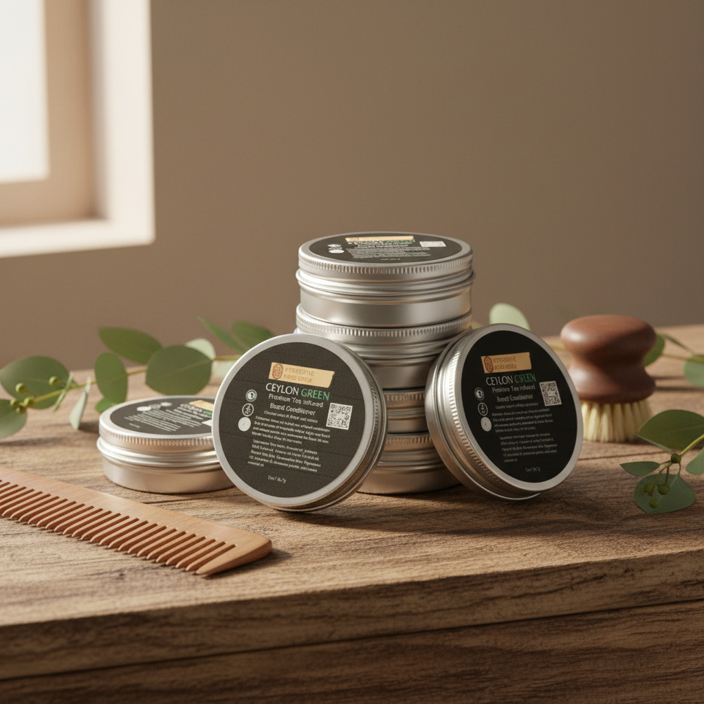 Ceylon Green tea beard containers on a wooden table.
