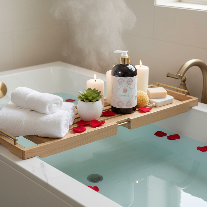 Bath tub with a wooden tray holding towels, candles, and bath products with steam rising.