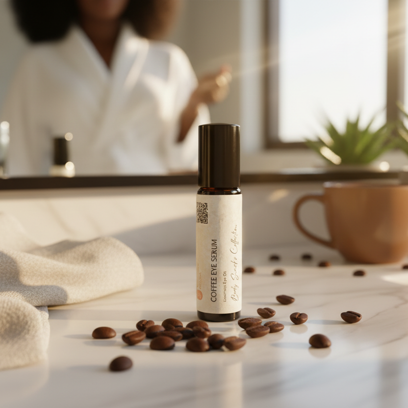 Roll-up bottle of coffee eye serum on a marble surface with coffee beans and a blurred person in the background.