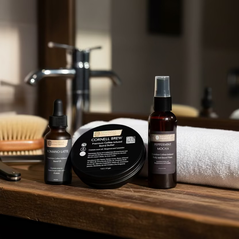 Beard care labeled 'Cornell Brew' on a wooden surface